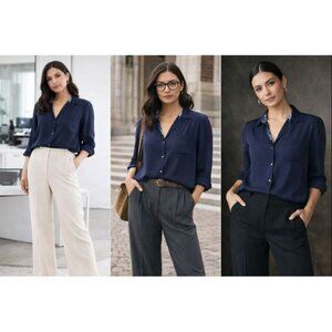 DVF Women 100% Silk Navy Blouse14  Long Sleeve Top Workwear Minimalist Preppy